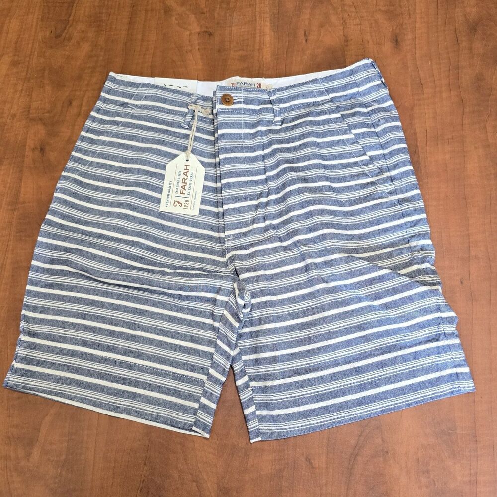 NEW Farah Manufacturing Co Mens Cotton Flat Front Slash Pocket Striped Shorts 31